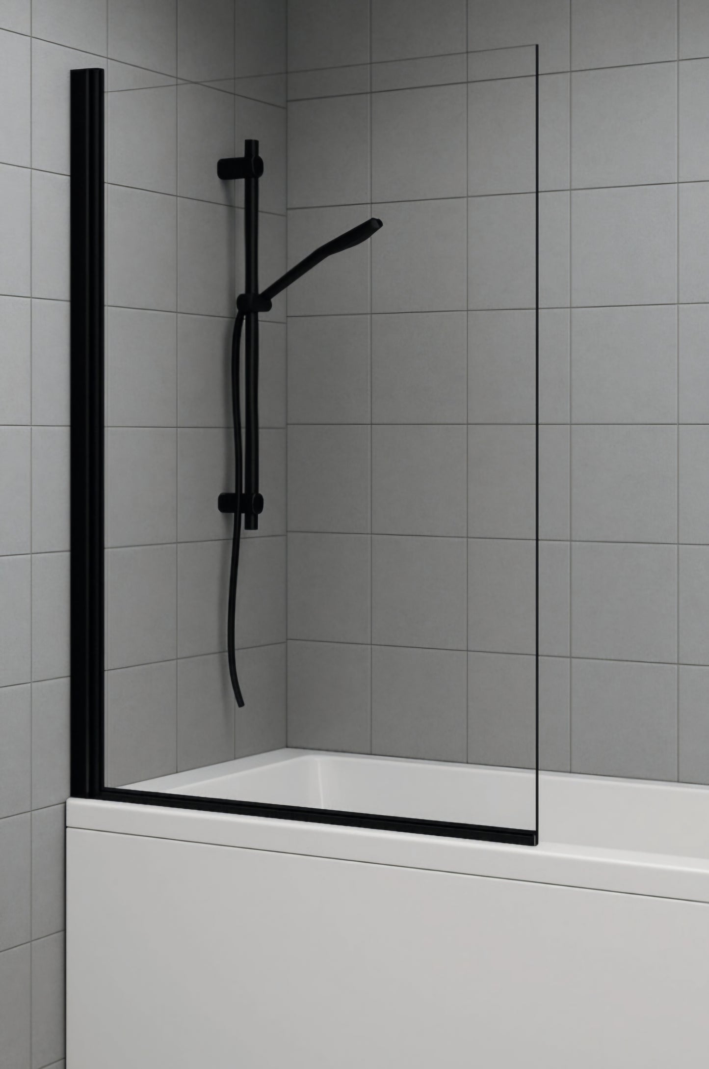 Bathroom with a glass shower enclosure and black handheld shower head. Black square bath screen toughened safety glass