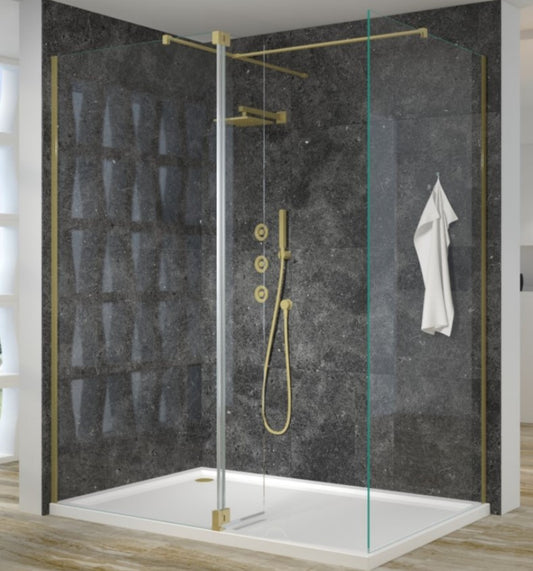 Luxury Brushed Brass Wetroom Screens - 8mm Glass - KW Bathrooms - kwbathrooms.co.uk