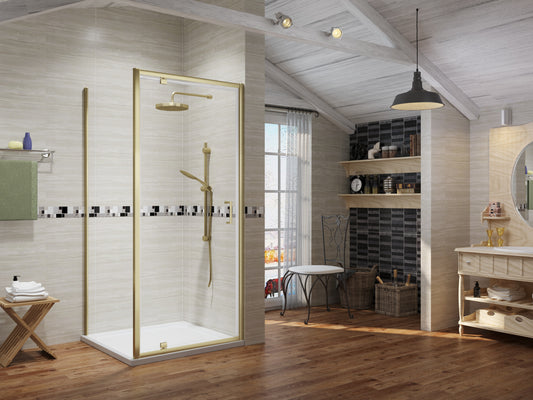 Premium Brushed Brass Pivot Shower Door - 6mm Glass - KW Bathrooms - kwbathrooms.co.uk