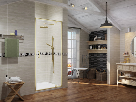 Premium Brushed Brass Pivot Shower Door - 6mm Glass - KW Bathrooms - kwbathrooms.co.uk
