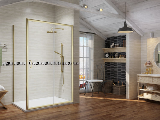 Premium Brushed Brass Sliding Shower Door - 6mm Glass - KW Bathrooms - kwbathrooms.co.uk