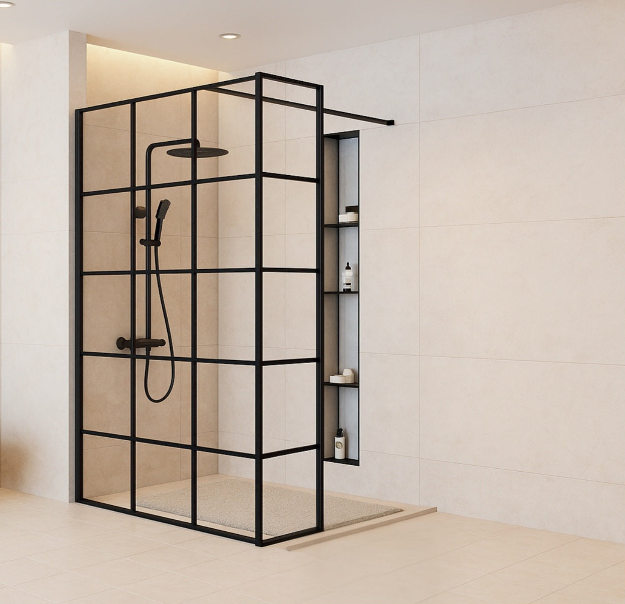 Modern shower enclosure with black frame and glass panels in a bathroom setting.