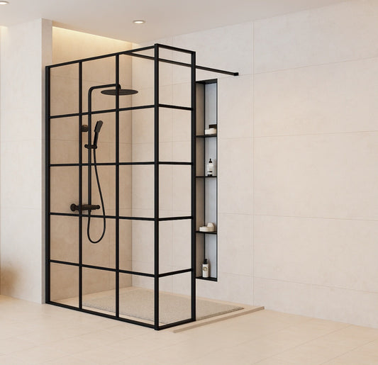 Modern shower enclosure with black frame and glass panels in a bathroom setting.