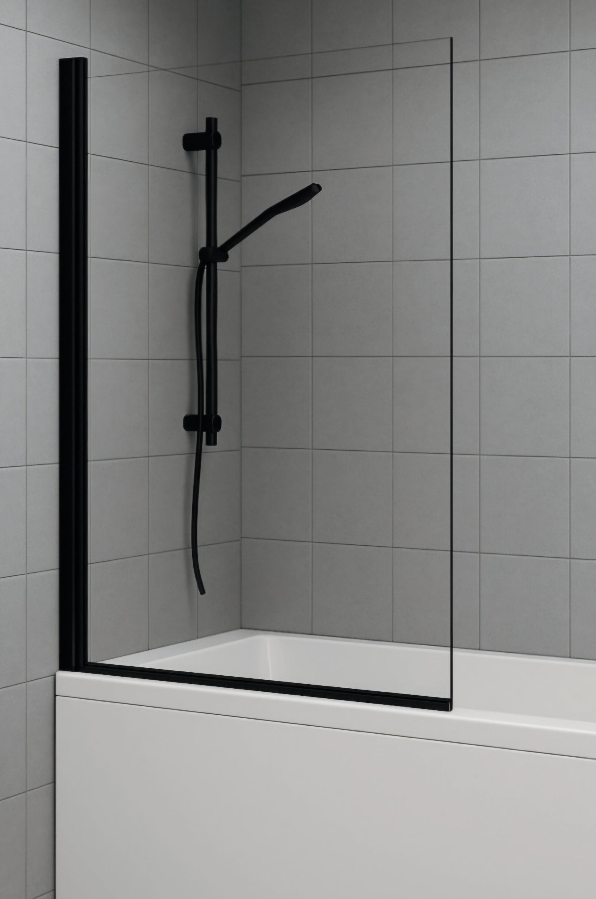 Bathroom with a glass shower enclosure and black handheld shower head. Black square bath screen toughened safety glass
