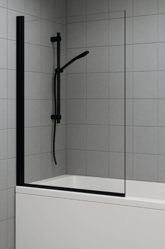 Bathroom with a glass shower enclosure and black handheld shower head. Black square bath screen toughened safety glass