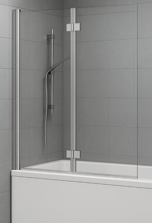 Glass chrome double bath screen with a handheld shower head against a tiled bathroom wall.
