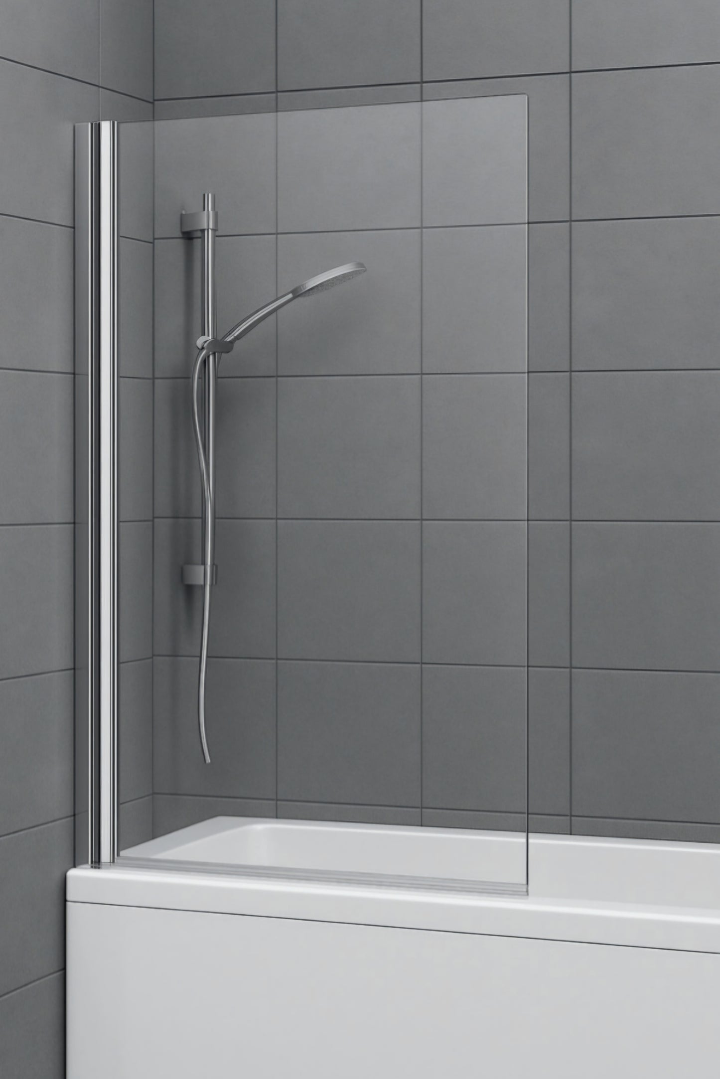 Shower setup with glass panel, shower head, and control handle against a tiled wall. Square bath screen toughened safety glass