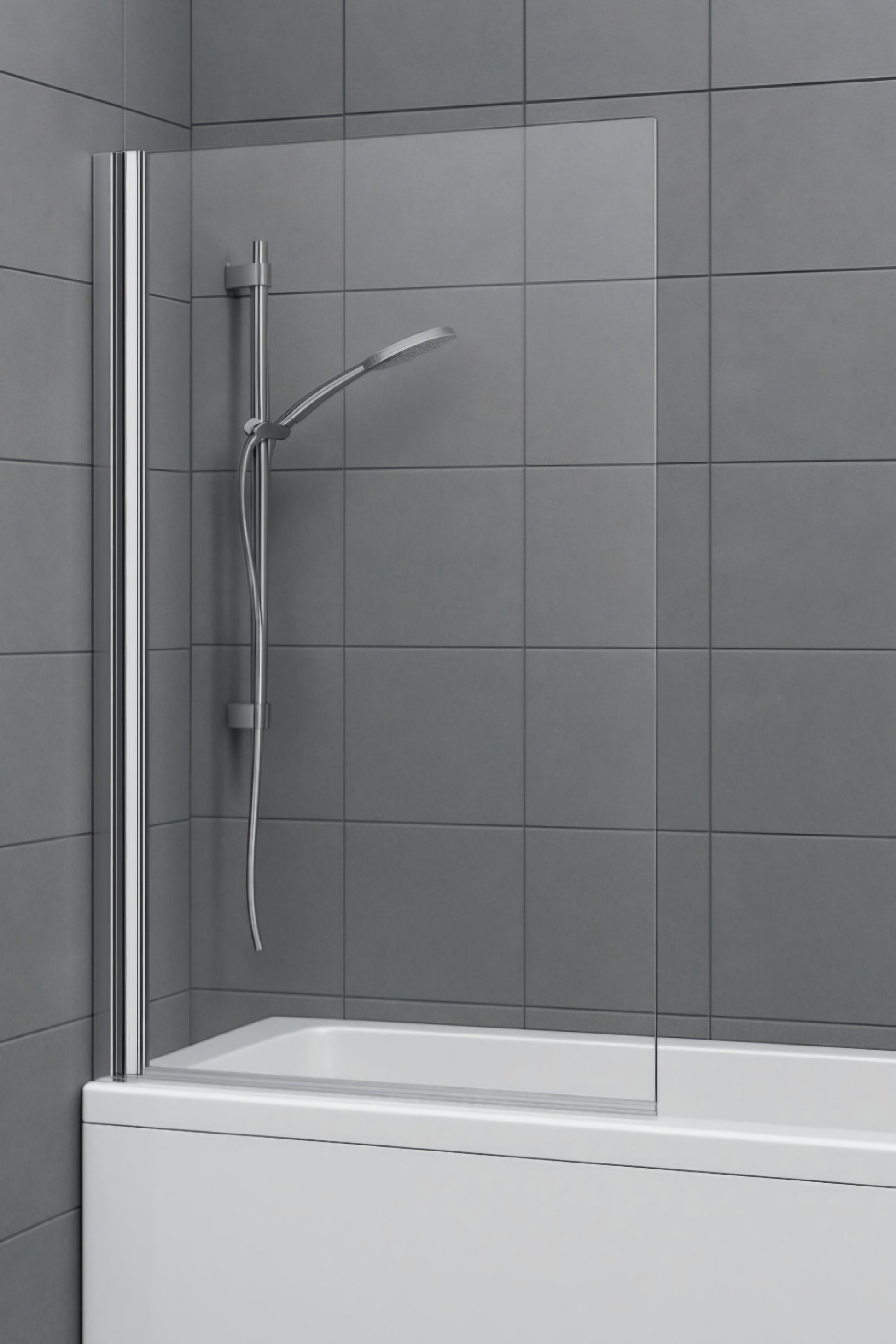 Shower setup with glass panel, shower head, and control handle against a tiled wall. Square bath screen toughened safety glass