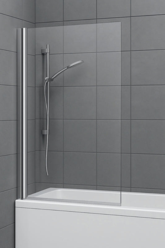 Shower setup with glass panel, shower head, and control handle against a tiled wall. Square bath screen toughened safety glass