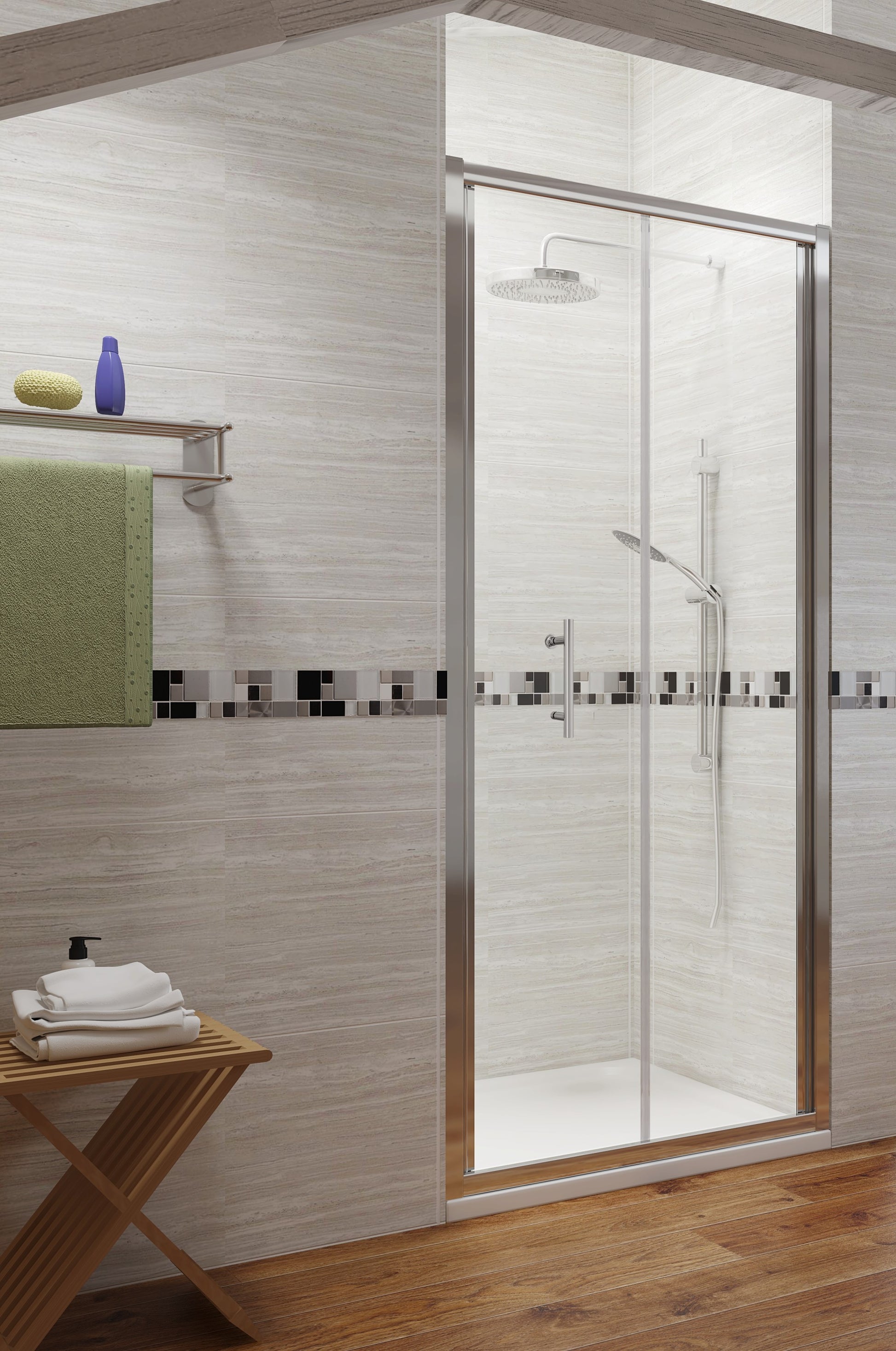 Premium Chrome 6mm Sliding Shower Door with Side Panel - Close Up - KW Bathrooms