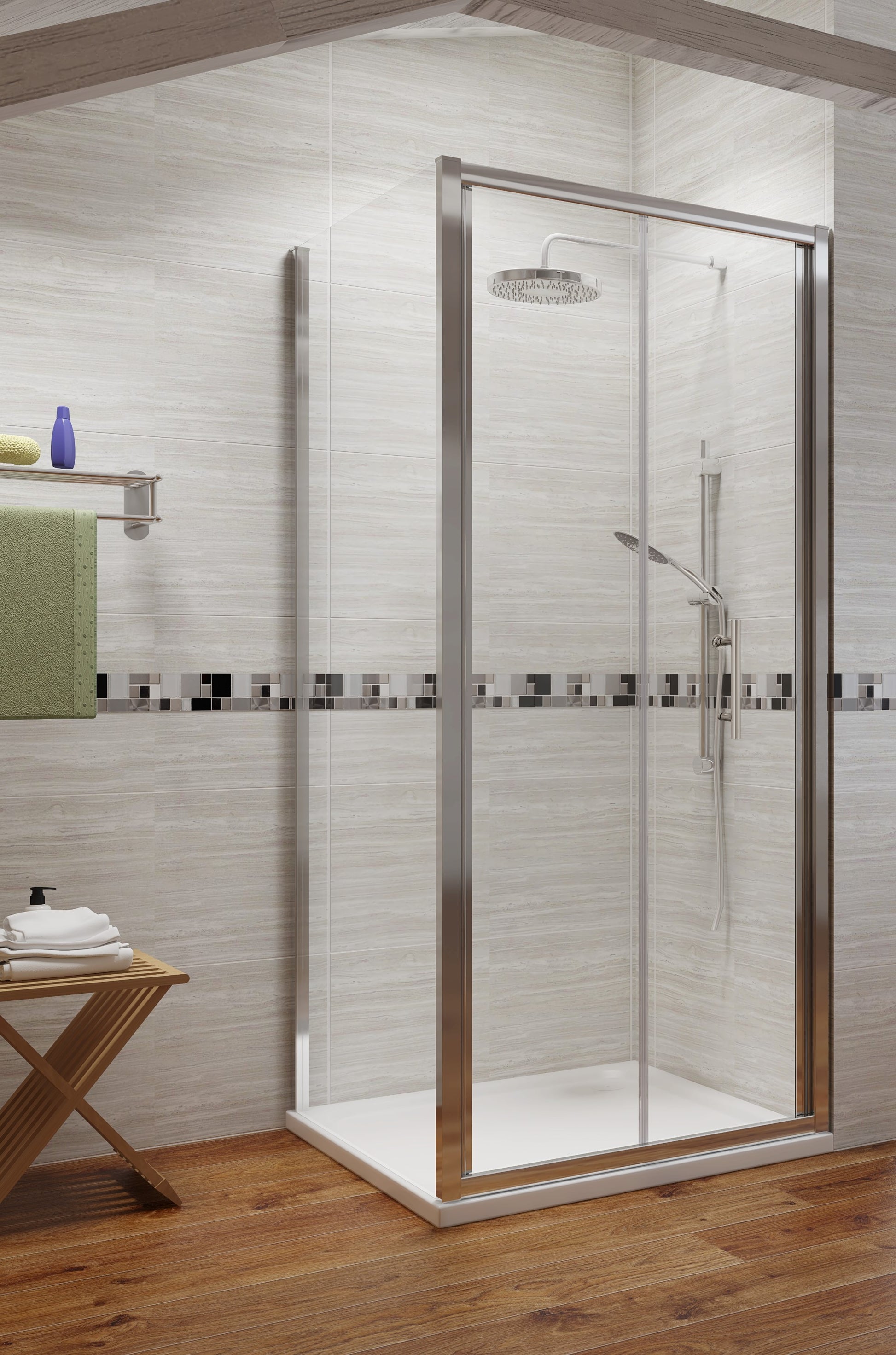 Premium Chrome Sliding Shower Door with Side Panel - Close up - 6mm Glass - KW Bathrooms - kwbathrooms.co.uk