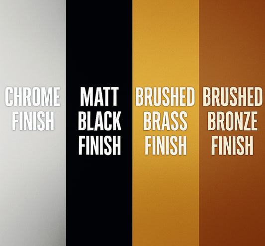 Color swatches with labels for chrome, matt black, brushed brass, and brushed bronze finishes.